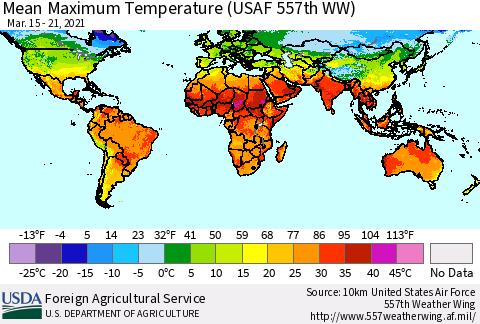World Mean Maximum Temperature (USAF 557th WW) Thematic Map For 3/15/2021 - 3/21/2021