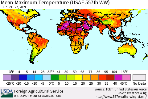 World Mean Maximum Temperature (USAF 557th WW) Thematic Map For 6/21/2021 - 6/27/2021