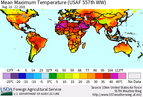 World Mean Maximum Temperature (USAF 557th WW) Thematic Map For 8/16/2021 - 8/22/2021