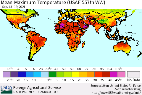 World Mean Maximum Temperature (USAF 557th WW) Thematic Map For 9/13/2021 - 9/19/2021