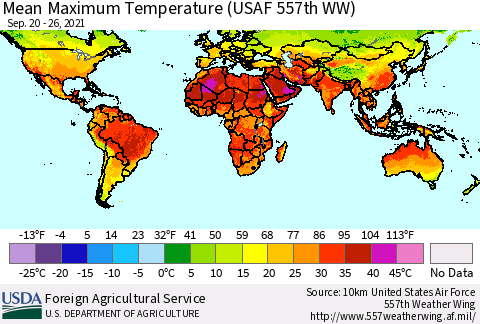World Mean Maximum Temperature (USAF 557th WW) Thematic Map For 9/20/2021 - 9/26/2021