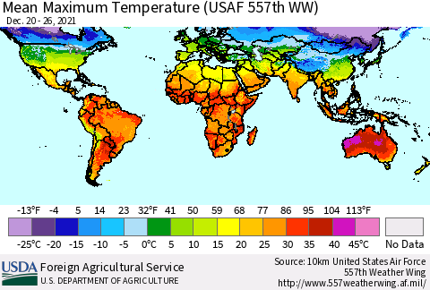 World Mean Maximum Temperature (USAF 557th WW) Thematic Map For 12/20/2021 - 12/26/2021