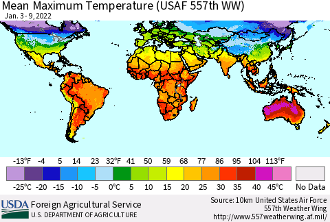 World Mean Maximum Temperature (USAF 557th WW) Thematic Map For 1/3/2022 - 1/9/2022