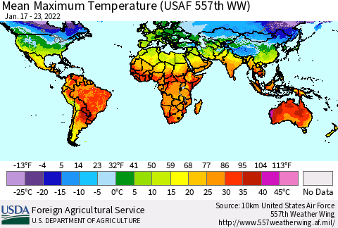 World Mean Maximum Temperature (USAF 557th WW) Thematic Map For 1/17/2022 - 1/23/2022