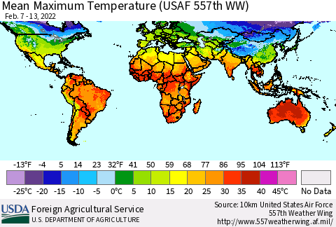 World Mean Maximum Temperature (USAF 557th WW) Thematic Map For 2/7/2022 - 2/13/2022