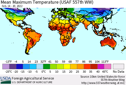 World Mean Maximum Temperature (USAF 557th WW) Thematic Map For 2/14/2022 - 2/20/2022