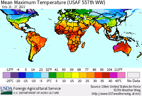 World Mean Maximum Temperature (USAF 557th WW) Thematic Map For 2/21/2022 - 2/27/2022