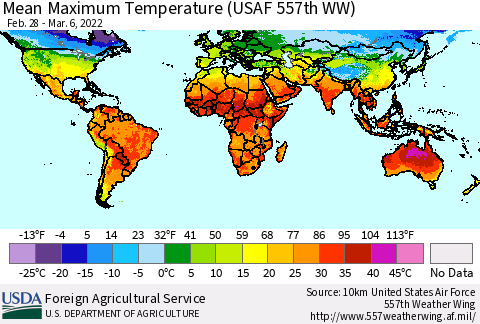 World Mean Maximum Temperature (USAF 557th WW) Thematic Map For 2/28/2022 - 3/6/2022