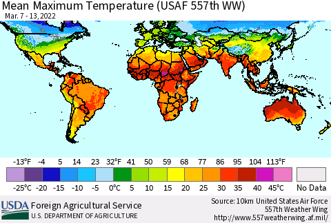 World Mean Maximum Temperature (USAF 557th WW) Thematic Map For 3/7/2022 - 3/13/2022