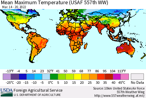 World Mean Maximum Temperature (USAF 557th WW) Thematic Map For 3/14/2022 - 3/20/2022