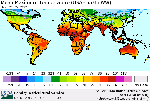 World Mean Maximum Temperature (USAF 557th WW) Thematic Map For 3/21/2022 - 3/27/2022