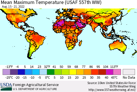 World Mean Maximum Temperature (USAF 557th WW) Thematic Map For 8/15/2022 - 8/21/2022