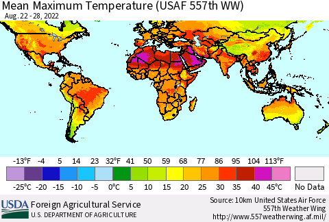 World Mean Maximum Temperature (USAF 557th WW) Thematic Map For 8/22/2022 - 8/28/2022