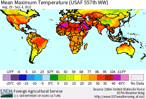 World Mean Maximum Temperature (USAF 557th WW) Thematic Map For 8/29/2022 - 9/4/2022