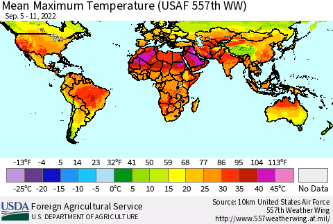 World Mean Maximum Temperature (USAF 557th WW) Thematic Map For 9/5/2022 - 9/11/2022