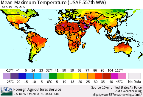 World Mean Maximum Temperature (USAF 557th WW) Thematic Map For 9/19/2022 - 9/25/2022