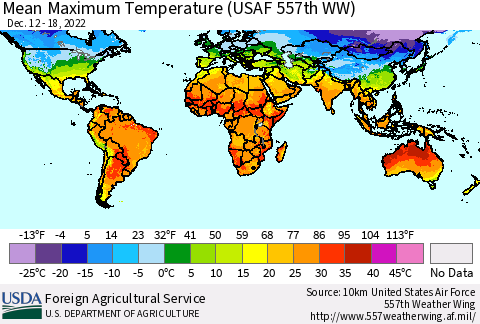 World Mean Maximum Temperature (USAF 557th WW) Thematic Map For 12/12/2022 - 12/18/2022