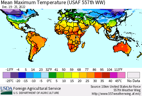 World Mean Maximum Temperature (USAF 557th WW) Thematic Map For 12/19/2022 - 12/25/2022