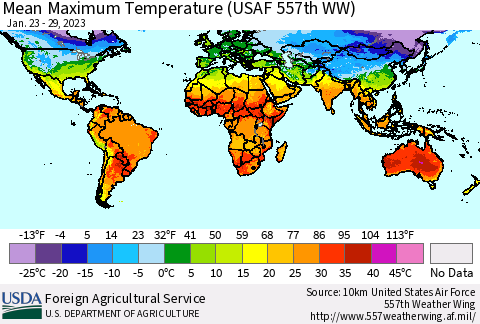 World Mean Maximum Temperature (USAF 557th WW) Thematic Map For 1/23/2023 - 1/29/2023