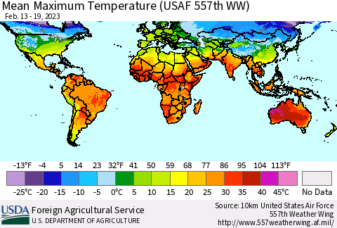 World Mean Maximum Temperature (USAF 557th WW) Thematic Map For 2/13/2023 - 2/19/2023