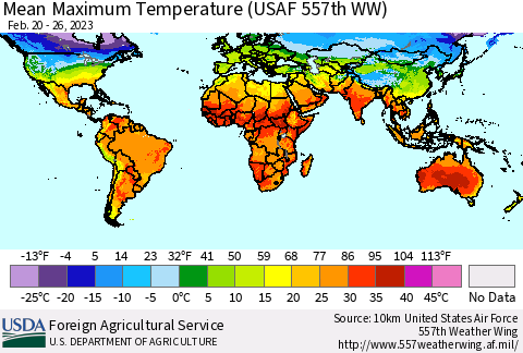 World Mean Maximum Temperature (USAF 557th WW) Thematic Map For 2/20/2023 - 2/26/2023