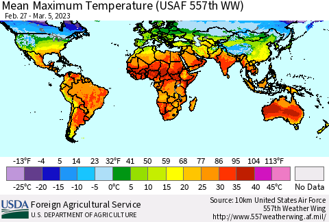 World Mean Maximum Temperature (USAF 557th WW) Thematic Map For 2/27/2023 - 3/5/2023