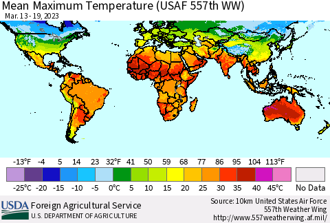 World Mean Maximum Temperature (USAF 557th WW) Thematic Map For 3/13/2023 - 3/19/2023