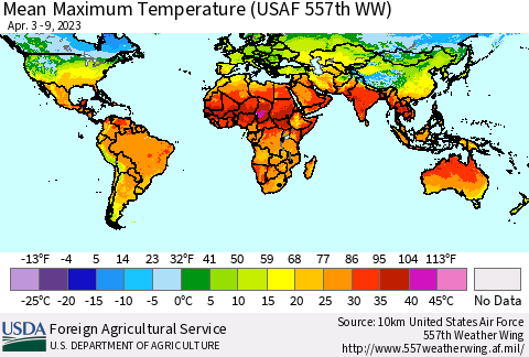 World Mean Maximum Temperature (USAF 557th WW) Thematic Map For 4/3/2023 - 4/9/2023