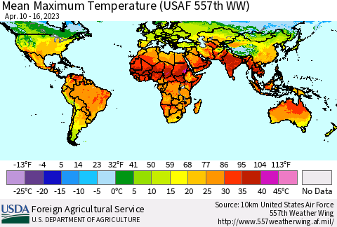 World Mean Maximum Temperature (USAF 557th WW) Thematic Map For 4/10/2023 - 4/16/2023