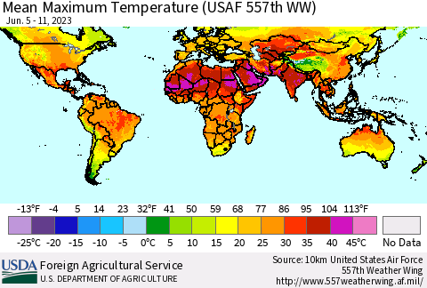World Mean Maximum Temperature (USAF 557th WW) Thematic Map For 6/5/2023 - 6/11/2023