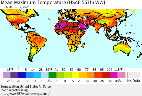 World Mean Maximum Temperature (USAF 557th WW) Thematic Map For 6/26/2023 - 7/2/2023