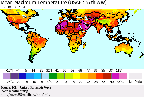 World Mean Maximum Temperature (USAF 557th WW) Thematic Map For 7/10/2023 - 7/16/2023
