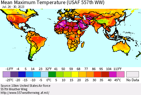 World Mean Maximum Temperature (USAF 557th WW) Thematic Map For 7/24/2023 - 7/30/2023