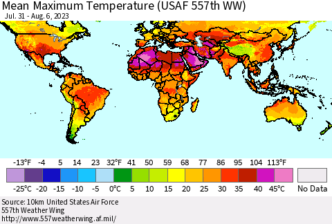 World Mean Maximum Temperature (USAF 557th WW) Thematic Map For 7/31/2023 - 8/6/2023