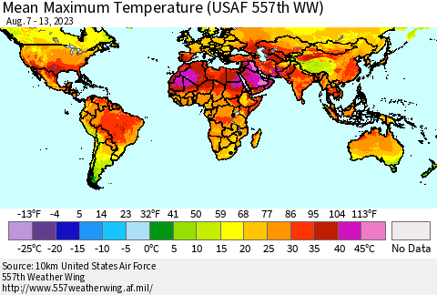 World Mean Maximum Temperature (USAF 557th WW) Thematic Map For 8/7/2023 - 8/13/2023