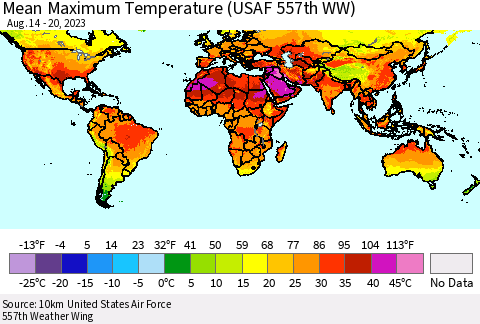 World Mean Maximum Temperature (USAF 557th WW) Thematic Map For 8/14/2023 - 8/20/2023