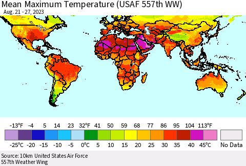 World Mean Maximum Temperature (USAF 557th WW) Thematic Map For 8/21/2023 - 8/27/2023
