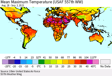 World Mean Maximum Temperature (USAF 557th WW) Thematic Map For 8/28/2023 - 9/3/2023