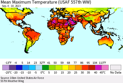 World Mean Maximum Temperature (USAF 557th WW) Thematic Map For 9/4/2023 - 9/10/2023