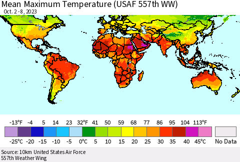 World Mean Maximum Temperature (USAF 557th WW) Thematic Map For 10/2/2023 - 10/8/2023