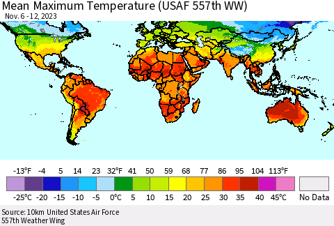 World Mean Maximum Temperature (USAF 557th WW) Thematic Map For 11/6/2023 - 11/12/2023