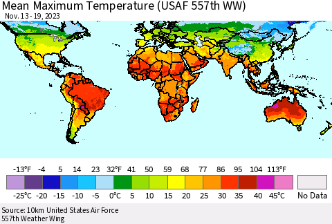World Mean Maximum Temperature (USAF 557th WW) Thematic Map For 11/13/2023 - 11/19/2023