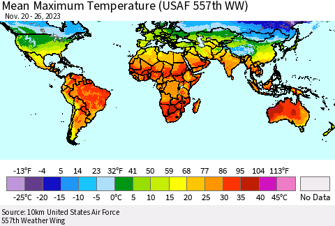 World Mean Maximum Temperature (USAF 557th WW) Thematic Map For 11/20/2023 - 11/26/2023