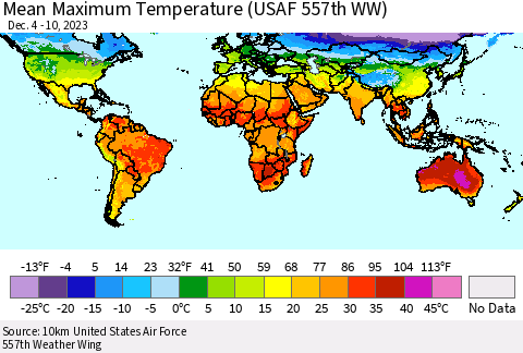 World Mean Maximum Temperature (USAF 557th WW) Thematic Map For 12/4/2023 - 12/10/2023