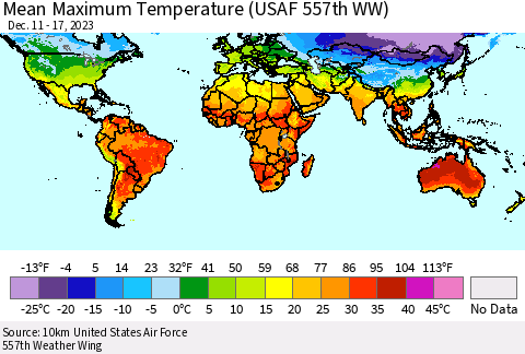 World Mean Maximum Temperature (USAF 557th WW) Thematic Map For 12/11/2023 - 12/17/2023