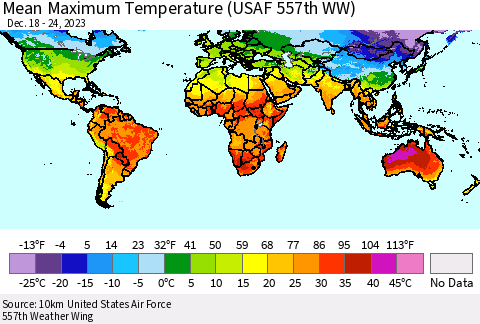 World Mean Maximum Temperature (USAF 557th WW) Thematic Map For 12/18/2023 - 12/24/2023