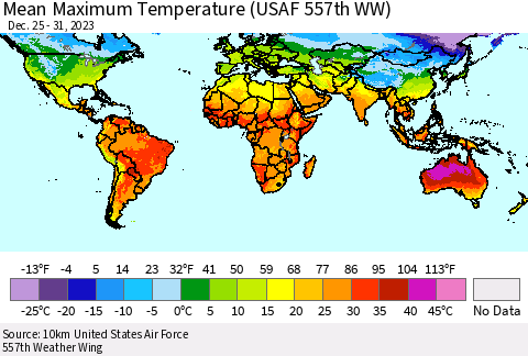 World Mean Maximum Temperature (USAF 557th WW) Thematic Map For 12/25/2023 - 12/31/2023
