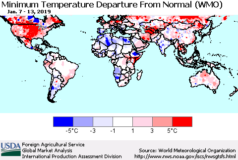 World Mean Minimum Temperature Departure from Normal (WMO) Thematic Map For 1/7/2019 - 1/13/2019