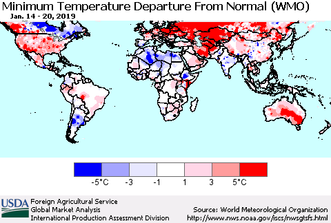 World Mean Minimum Temperature Departure from Normal (WMO) Thematic Map For 1/14/2019 - 1/20/2019