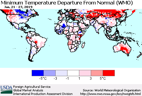 World Mean Minimum Temperature Departure from Normal (WMO) Thematic Map For 1/21/2019 - 1/27/2019